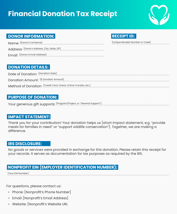 A donation tax receipt template for cash and online donations