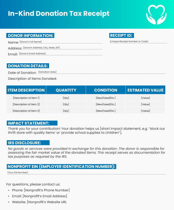 A charitable donation receipt template for in-kind donations of goods, services, and property