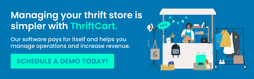 Click to request a demo of ThriftCart and discover how it can help with your thrift store pricing.