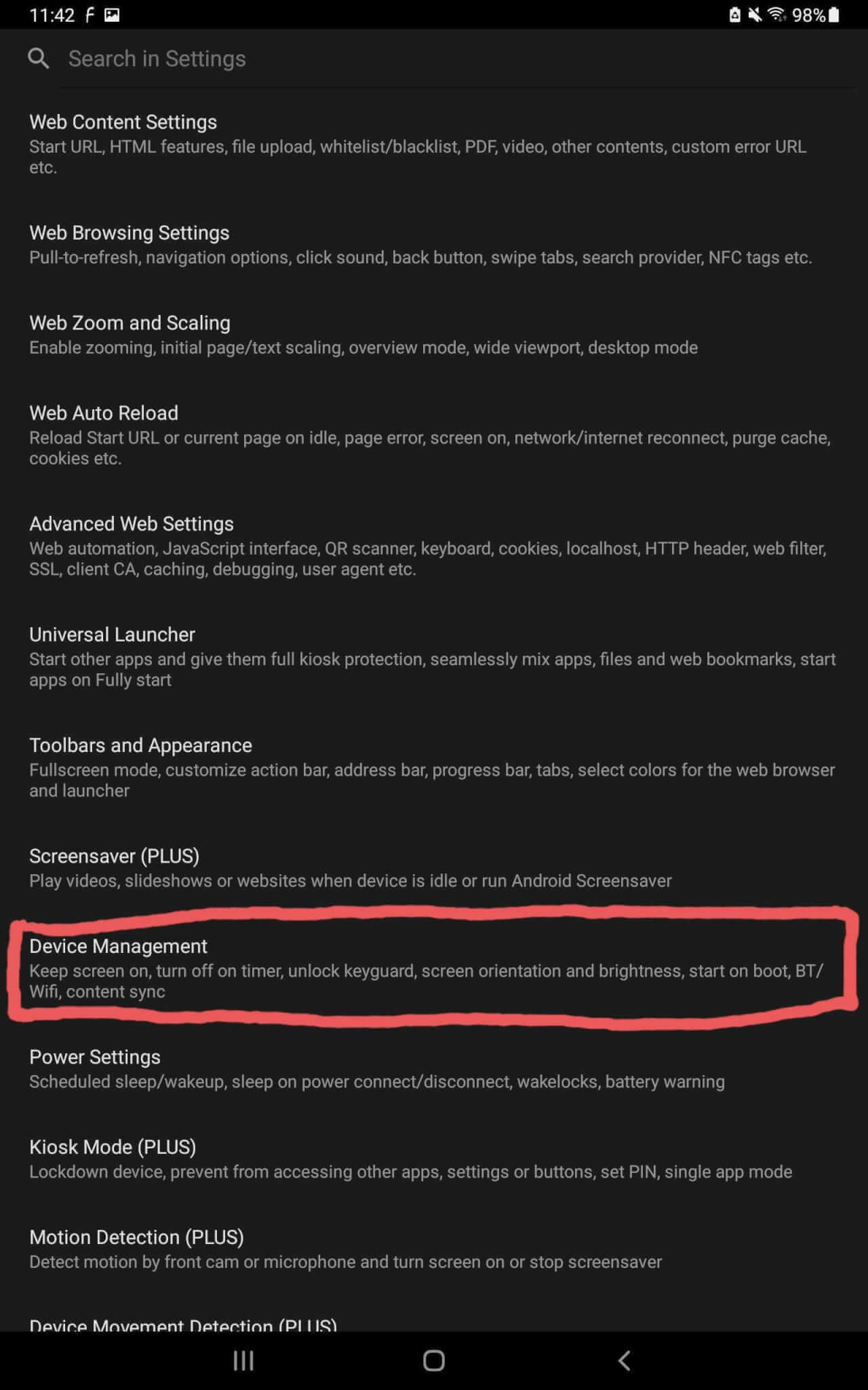 settings page