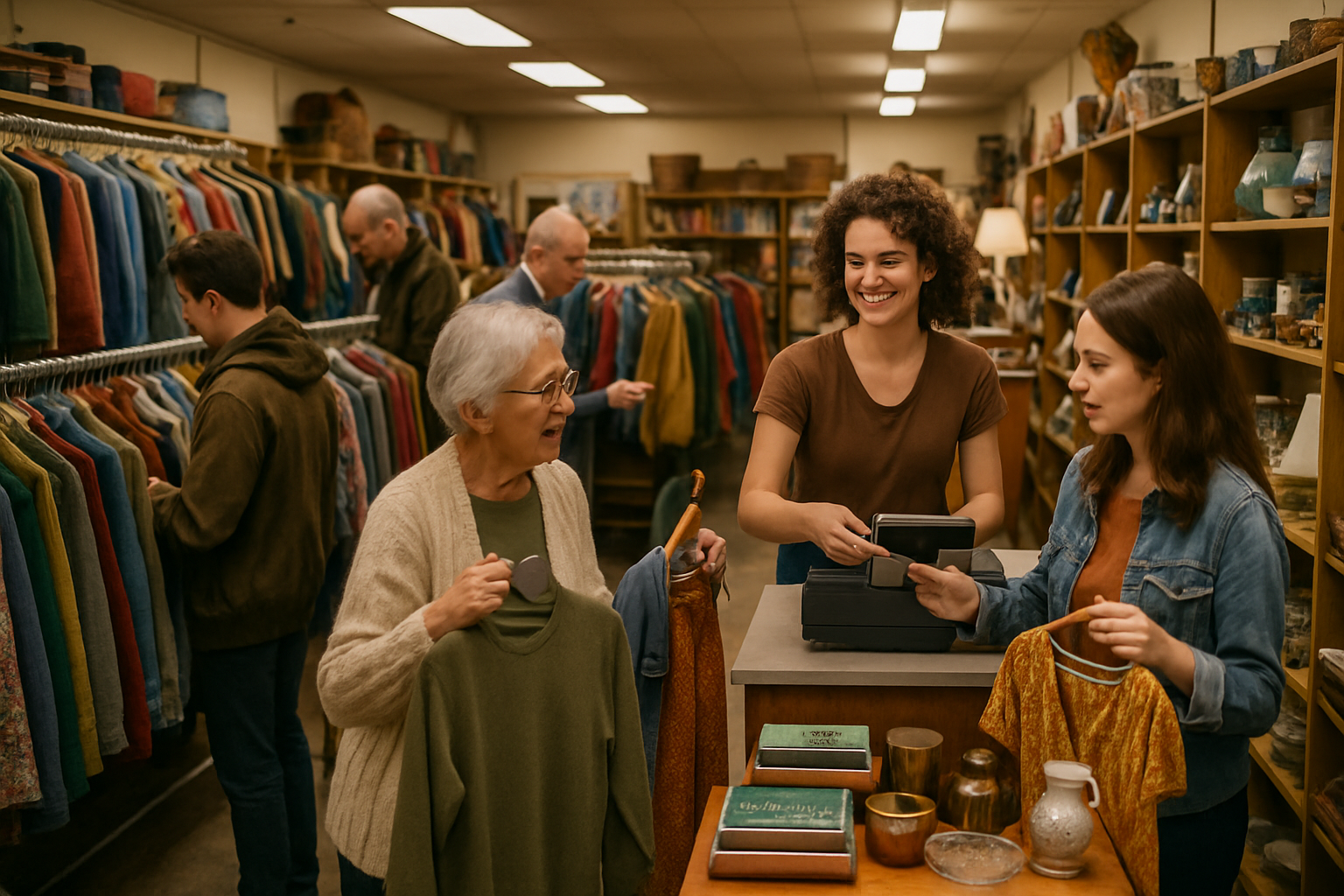 shoppers and staff in thrift store